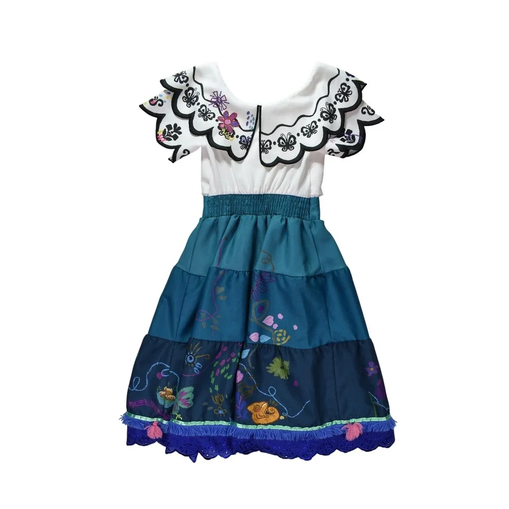Disney Encanto Mirabel Costume Dress Girls Size 5/6 Floral Butterfly Tiered Blue - Picture 2 of 6